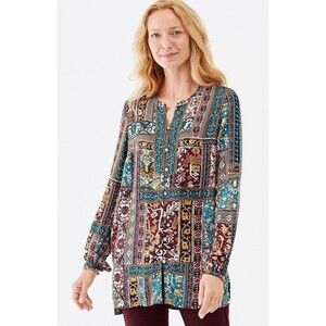 J JILL Patchwork Printed Tunic Top Button Front Long Sleeve Boho Multicolor SZ L
